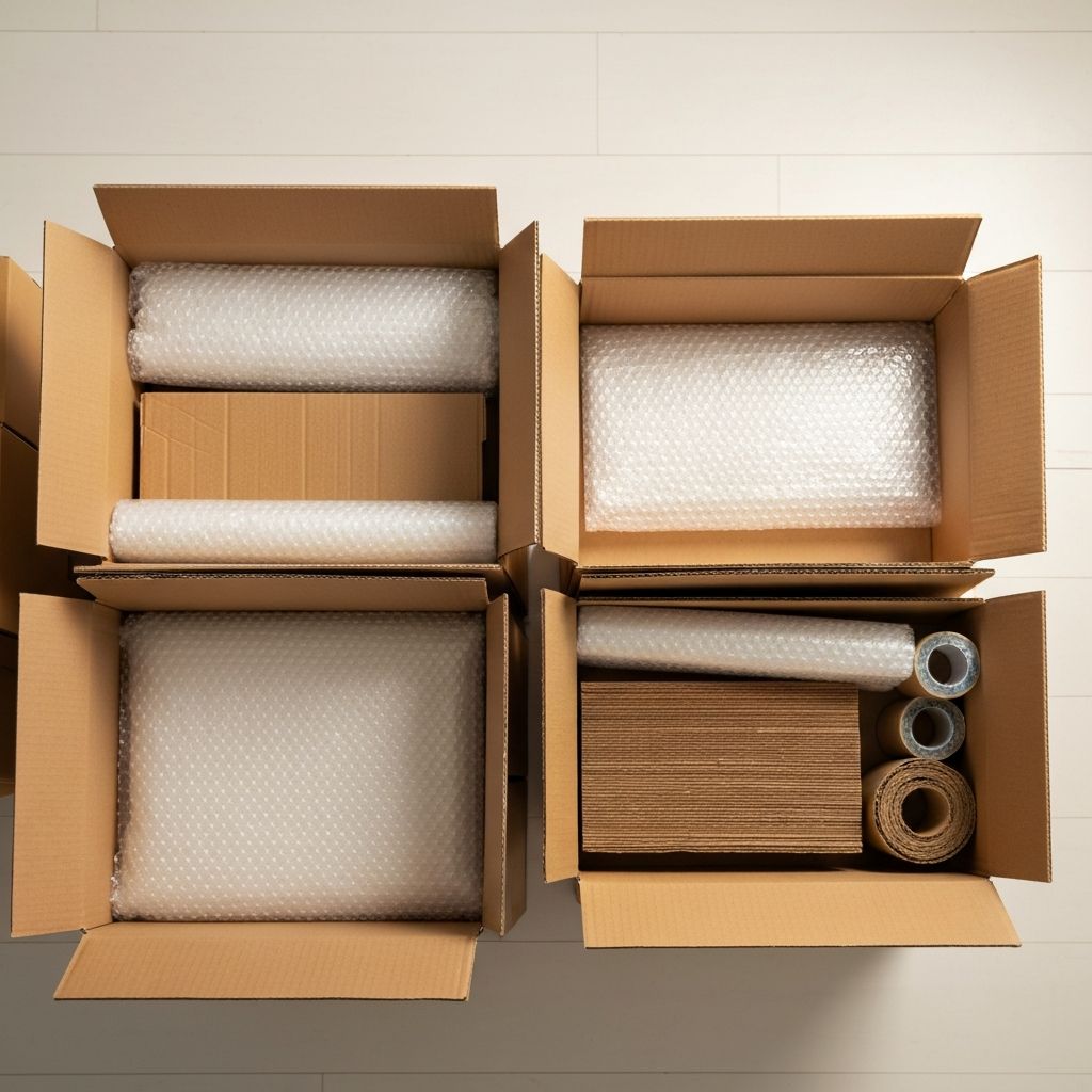 Neatly stacked and labelled cardboard moving boxes with professional packing materials