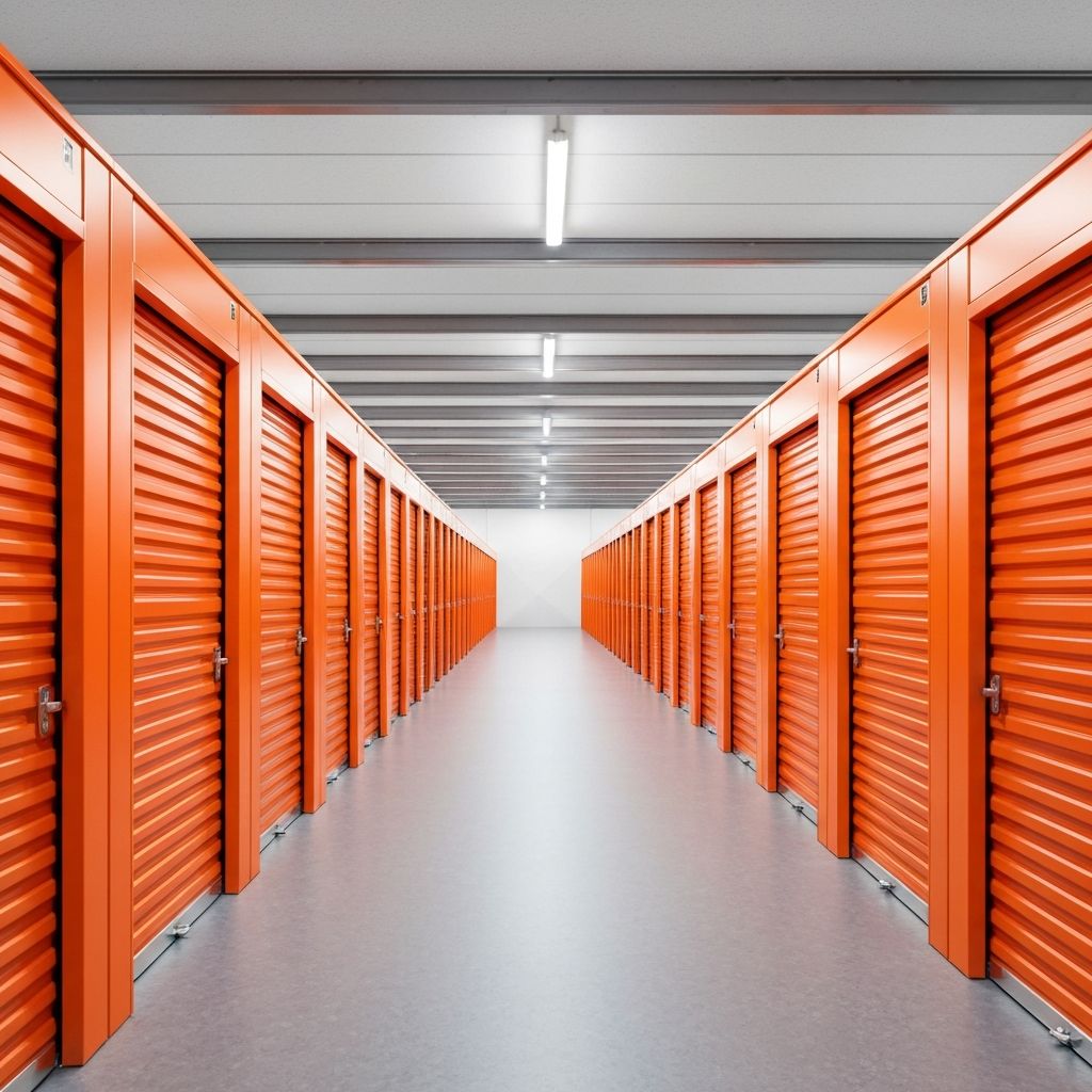 Interior of a clean, modern storage facility with organised units